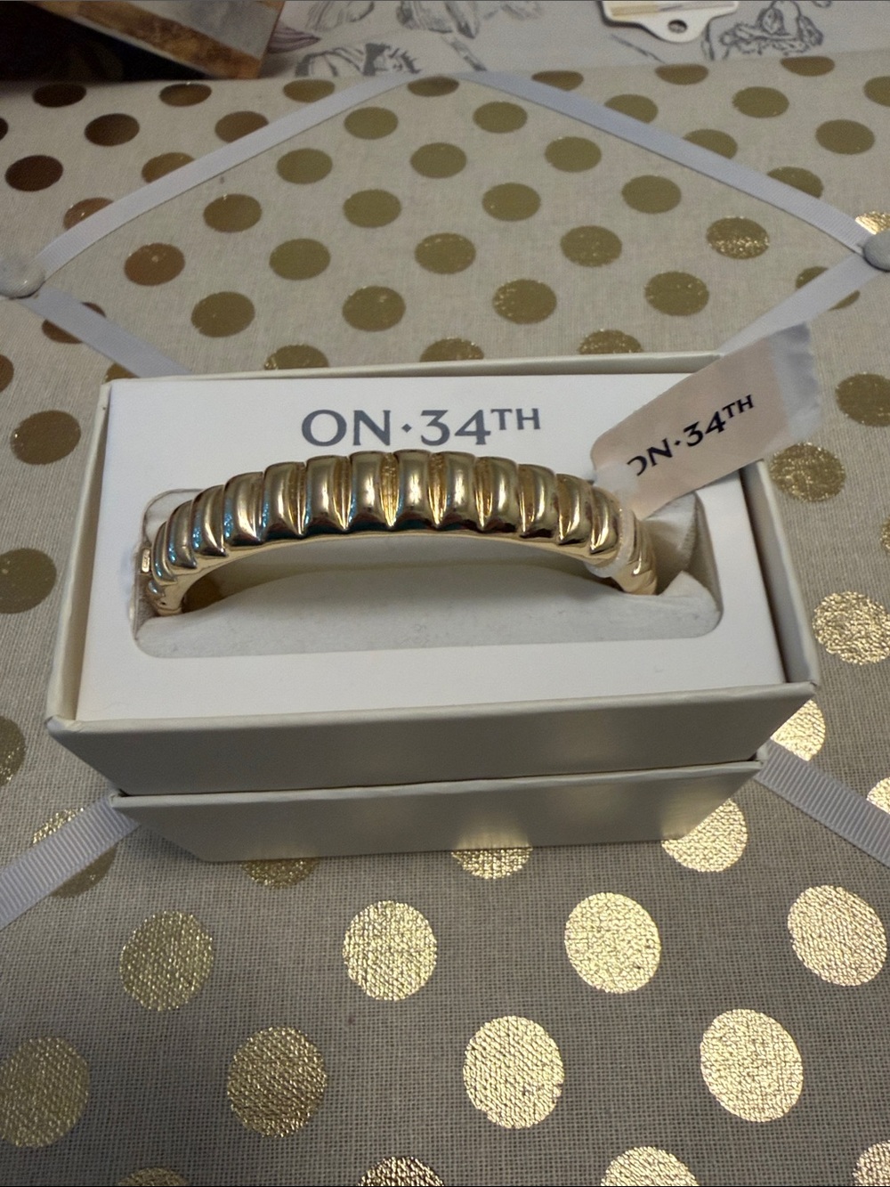 On the 34th Gold Ribbed Bangle Bracelet new in box